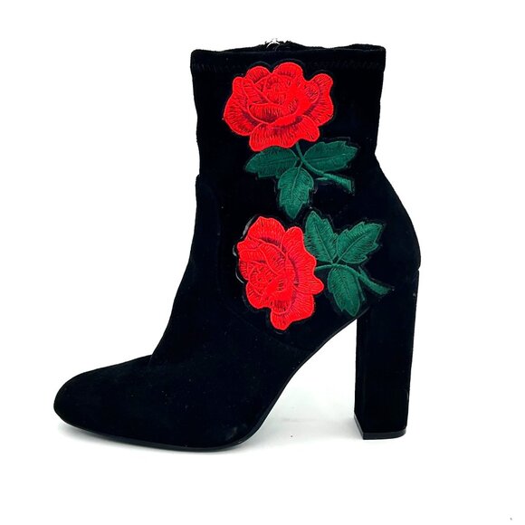 Steve Madden Edit Womens Black Suede Ankle Boots Red Rose Embroidery Side Zipper - Picture 13 of 16